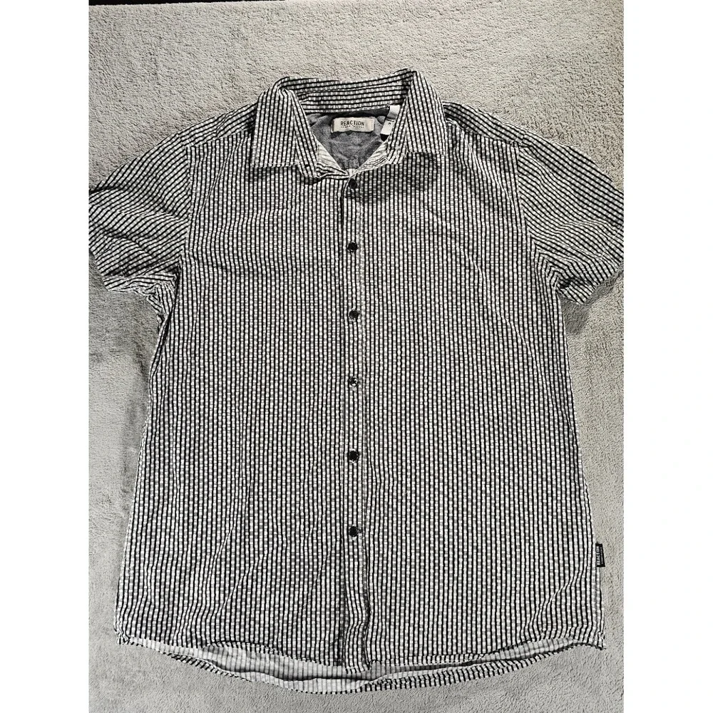 Kenneth Cole Reaction Mens Short Sleeve Button Down Shirt Black White Check M